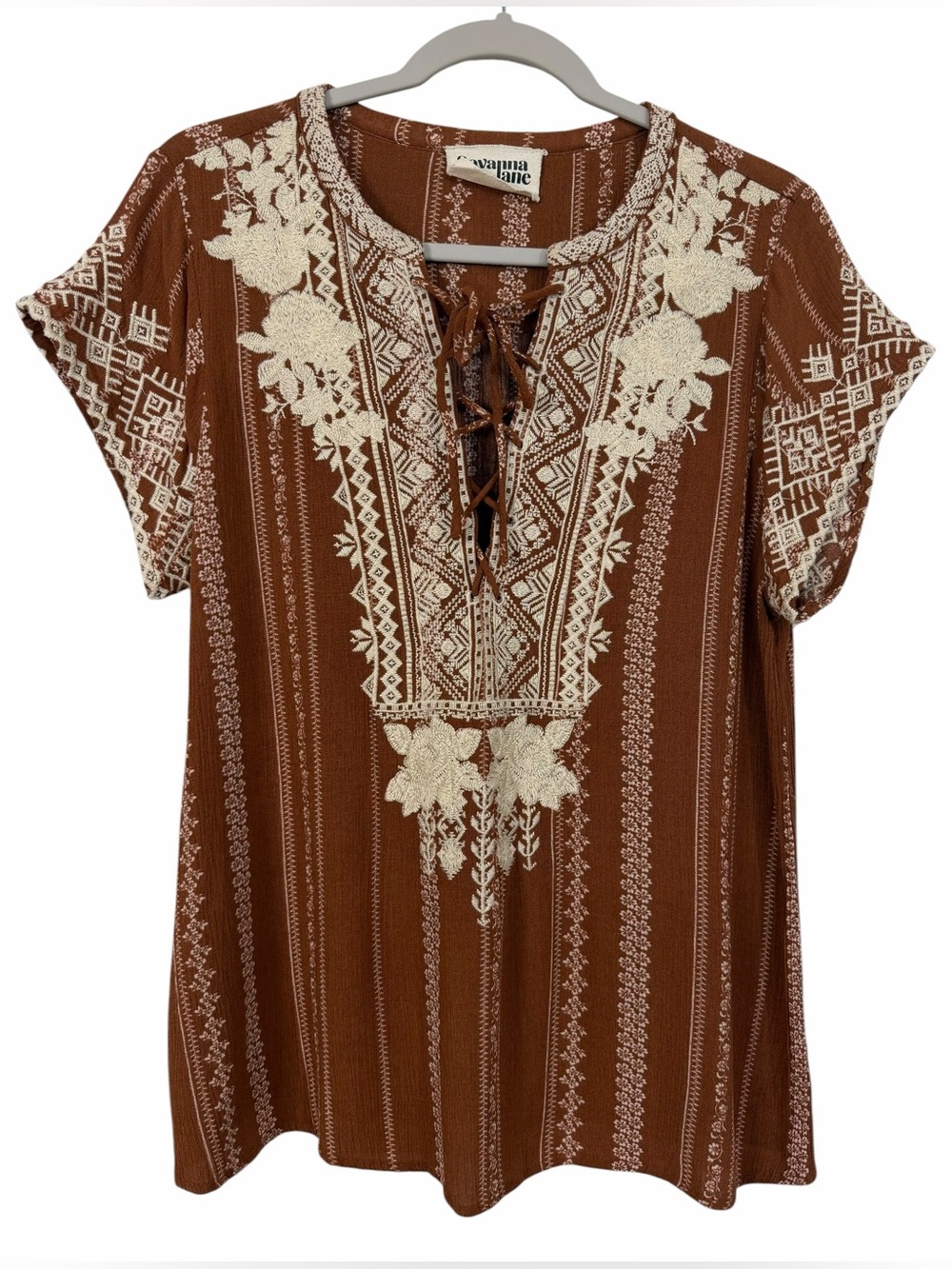 Savanna Jane Rust Embroidered Top Lightweight Gauzy Boho Size Large